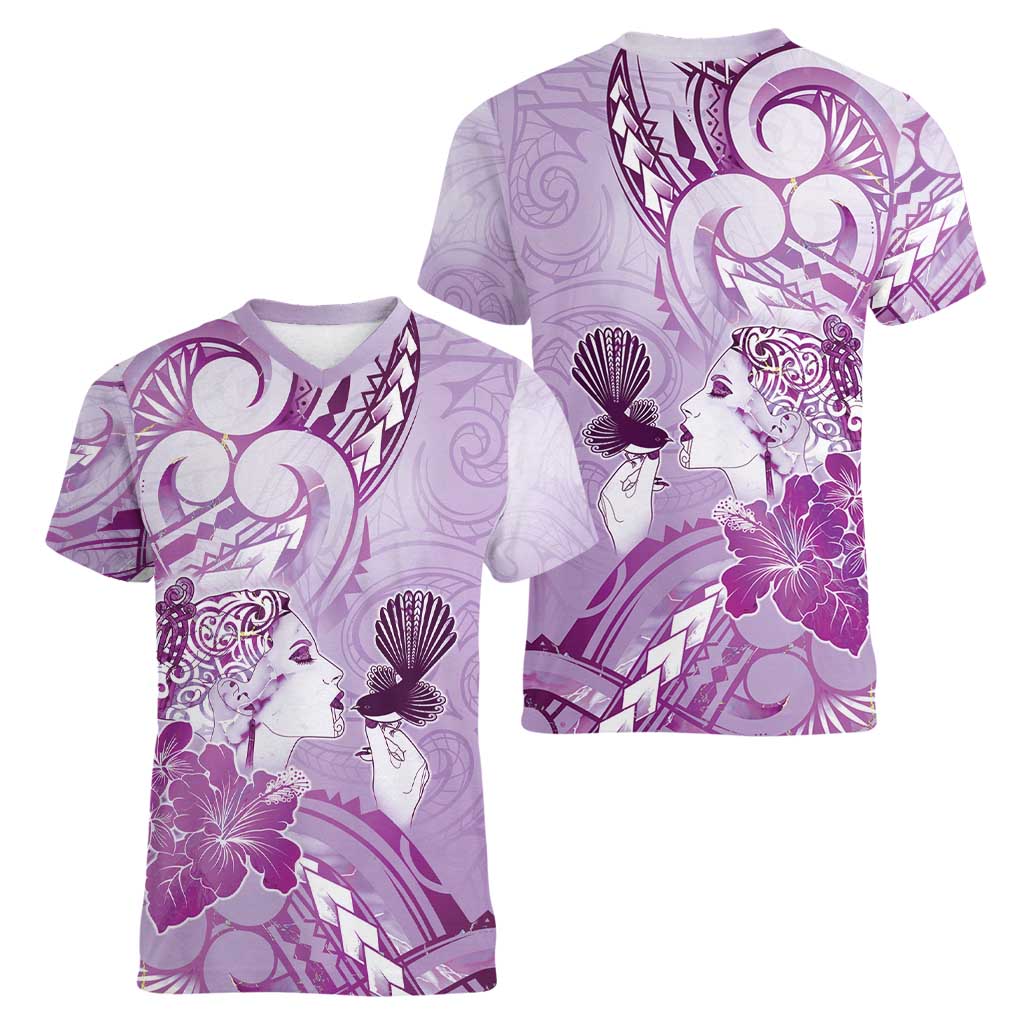 Aotearoa Maori Wahine Women V-Neck T-Shirt Fantail Bird Purple Gold Marble LT05 - Polynesian Pride