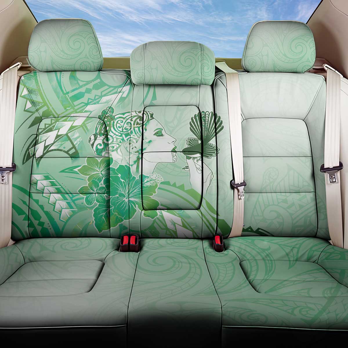 Aotearoa Maori Wahine Back Car Seat Cover Fantail Bird Green Gold Marble LT05 One Size Green - Polynesian Pride