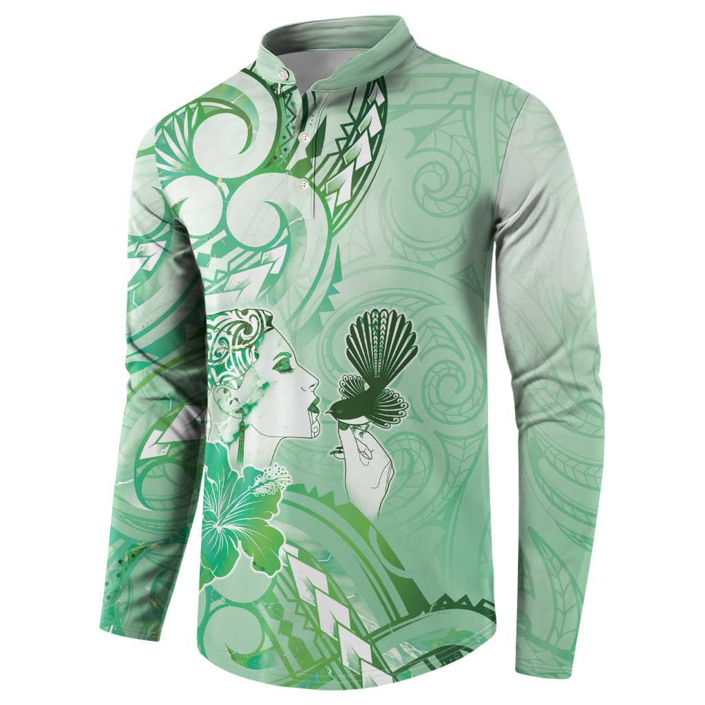 Aotearoa Maori Wahine Button Sweatshirt Fantail Bird Green Gold Marble
