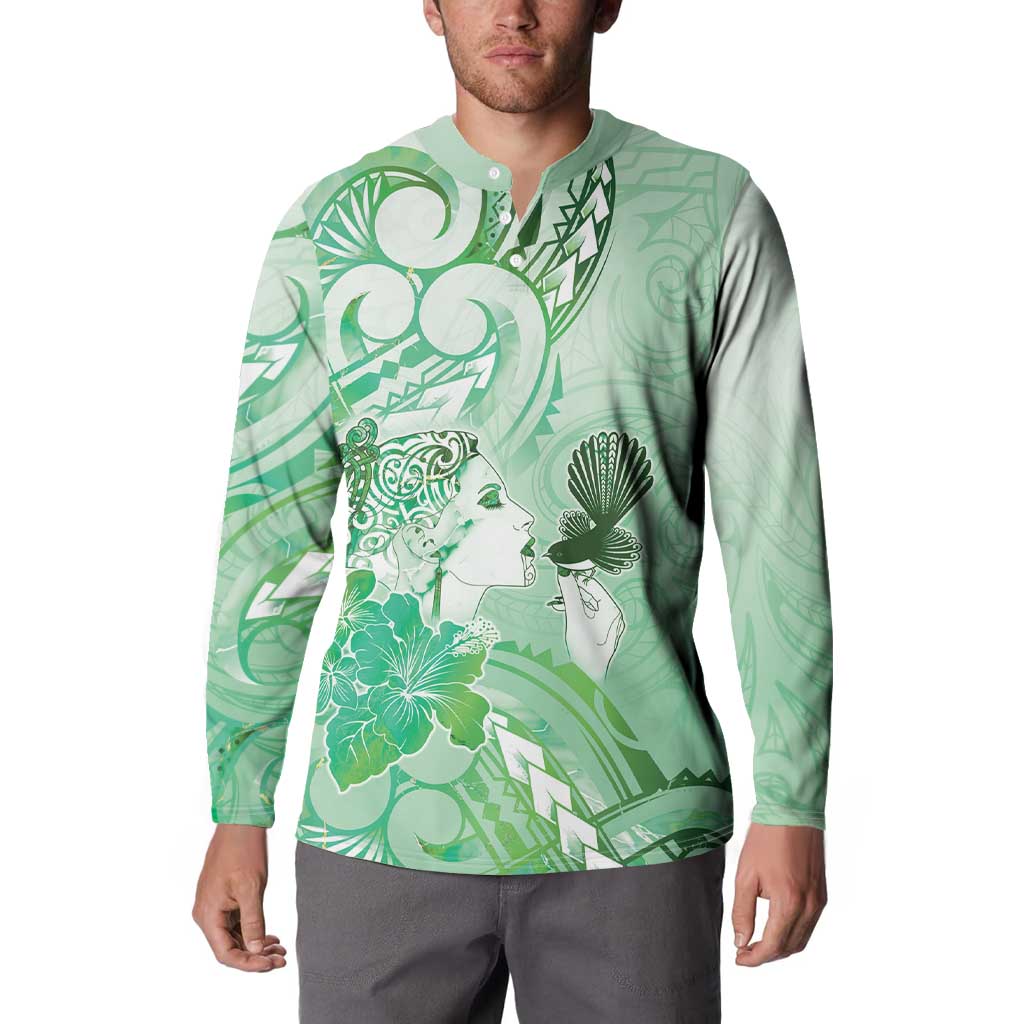 Aotearoa Maori Wahine Button Sweatshirt Fantail Bird Green Gold Marble