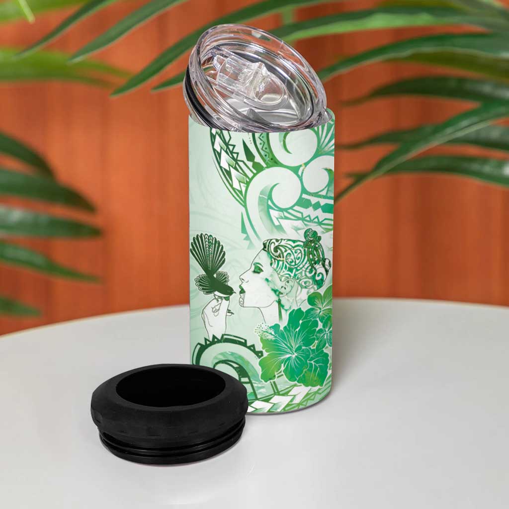 Aotearoa Maori Wahine 4 in 1 Can Cooler Tumbler Fantail Bird Green Gold Marble LT05 - Polynesian Pride