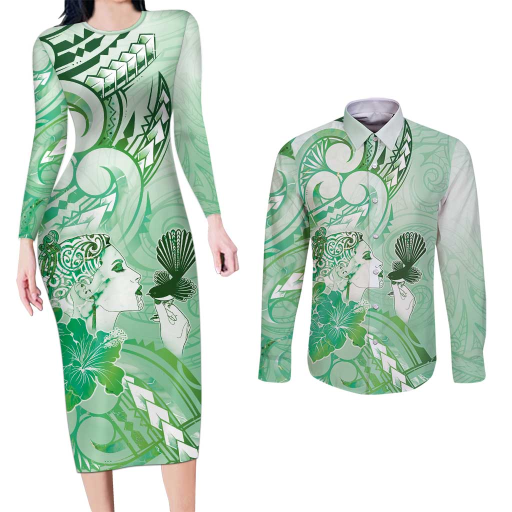 Aotearoa Maori Wahine Couples Matching Long Sleeve Bodycon Dress and Long Sleeve Button Shirt Fantail Bird Green Gold Marble LT05 Green - Polynesian Pride