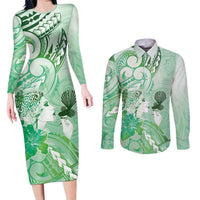 Aotearoa Maori Wahine Couples Matching Long Sleeve Bodycon Dress and Long Sleeve Button Shirt Fantail Bird Green Gold Marble LT05 Green - Polynesian Pride