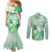 Aotearoa Maori Wahine Couples Matching Mermaid Dress and Long Sleeve Button Shirt Fantail Bird Green Gold Marble LT05 - Polynesian Pride