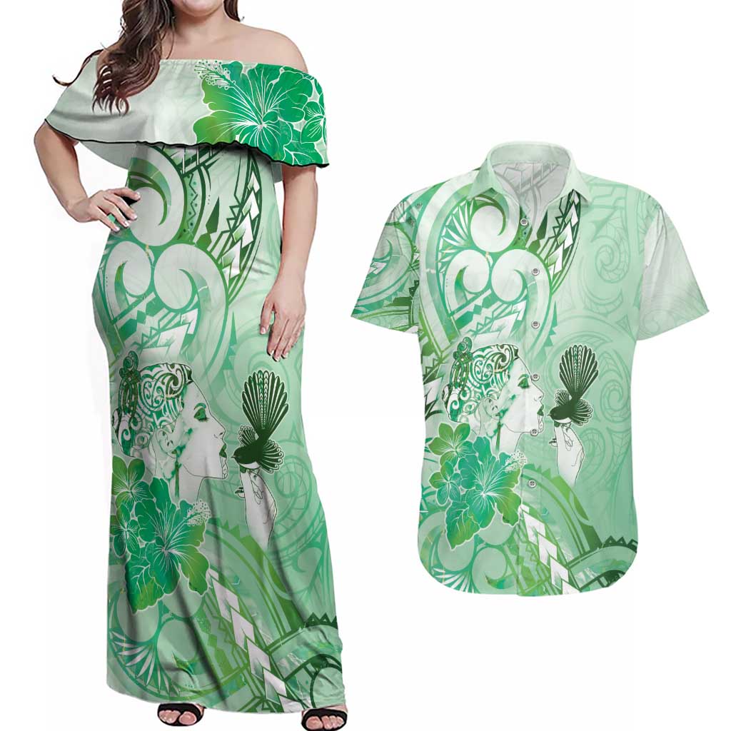 Aotearoa Maori Wahine Couples Matching Off Shoulder Maxi Dress and Hawaiian Shirt Fantail Bird Green Gold Marble LT05 Green - Polynesian Pride