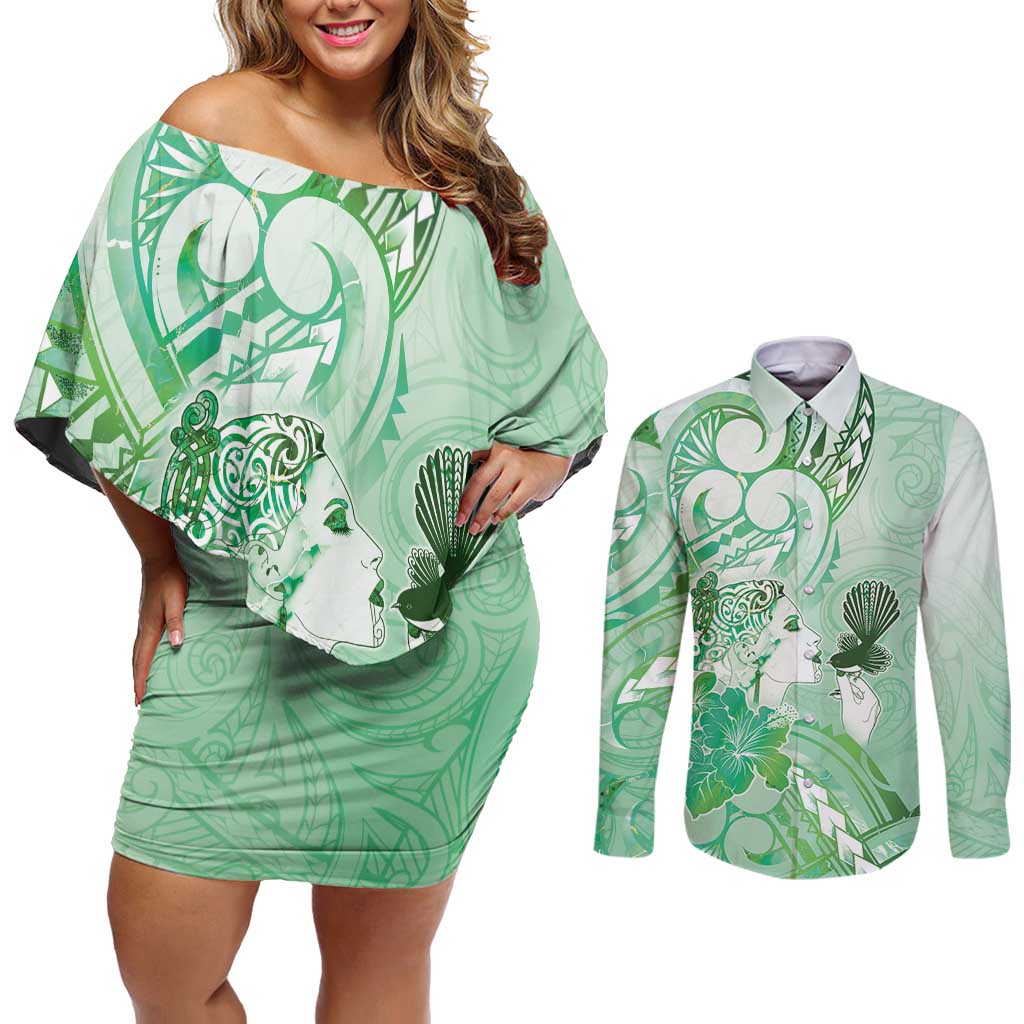 Aotearoa Maori Wahine Couples Matching Off Shoulder Short Dress and Long Sleeve Button Shirt Fantail Bird Green Gold Marble LT05 Green - Polynesian Pride