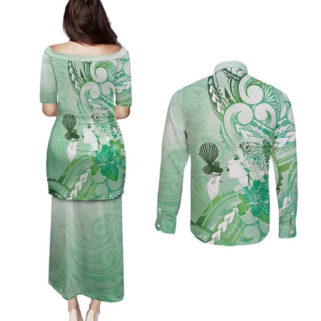 Aotearoa Maori Wahine Couples Matching Puletasi and Long Sleeve Button Shirt Fantail Bird Green Gold Marble LT05 - Polynesian Pride