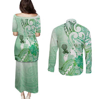 Aotearoa Maori Wahine Couples Matching Puletasi and Long Sleeve Button Shirt Fantail Bird Green Gold Marble LT05 - Polynesian Pride