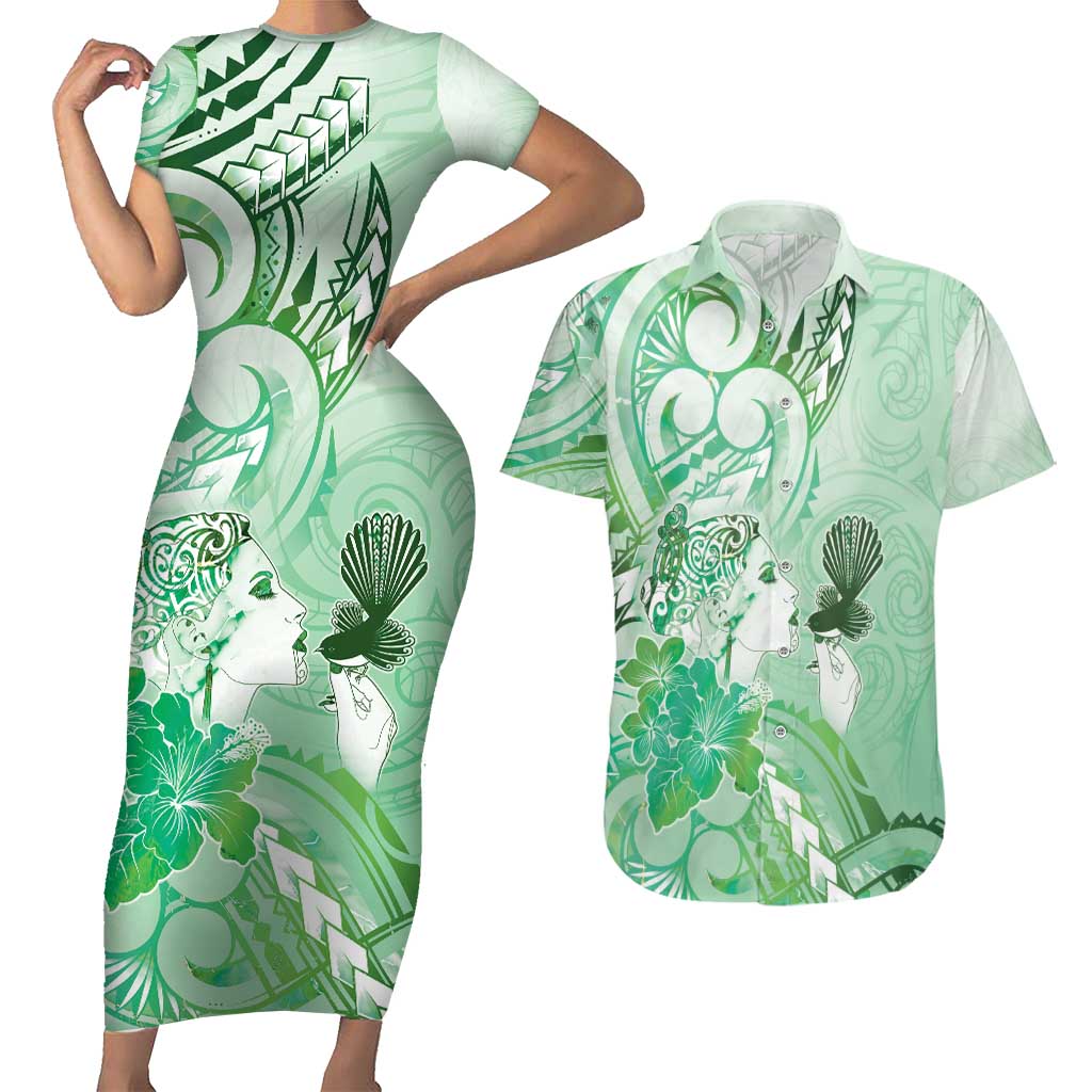Aotearoa Maori Wahine Couples Matching Short Sleeve Bodycon Dress and Hawaiian Shirt Fantail Bird Green Gold Marble LT05 Green - Polynesian Pride