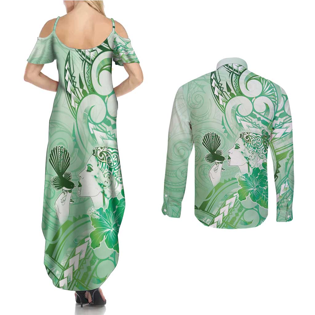 Aotearoa Maori Wahine Couples Matching Summer Maxi Dress and Long Sleeve Button Shirt Fantail Bird Green Gold Marble LT05 - Polynesian Pride