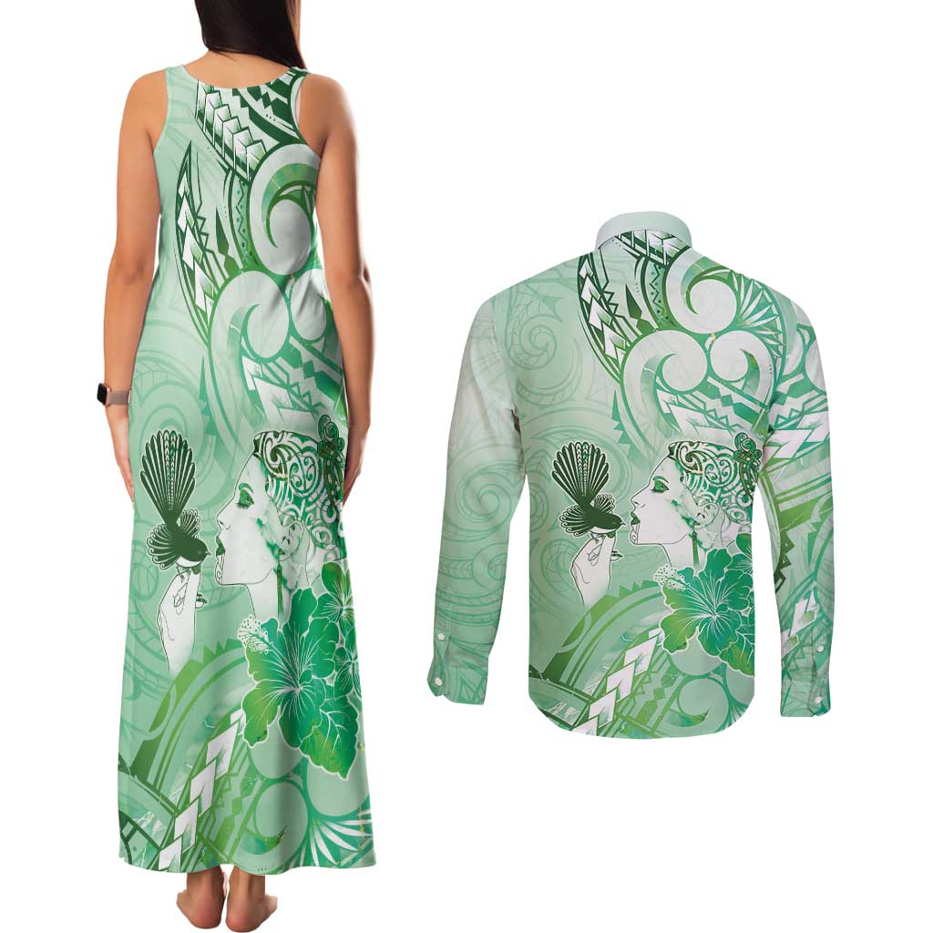 Aotearoa Maori Wahine Couples Matching Tank Maxi Dress and Long Sleeve Button Shirt Fantail Bird Green Gold Marble LT05 - Polynesian Pride