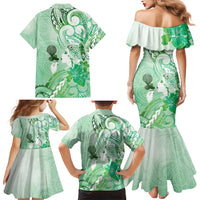Aotearoa Maori Wahine Family Matching Mermaid Dress and Hawaiian Shirt Fantail Bird Green Gold Marble LT05 - Polynesian Pride
