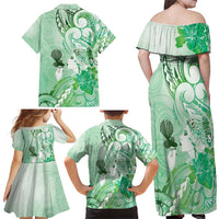 Aotearoa Maori Wahine Family Matching Off Shoulder Maxi Dress and Hawaiian Shirt Fantail Bird Green Gold Marble LT05 - Polynesian Pride
