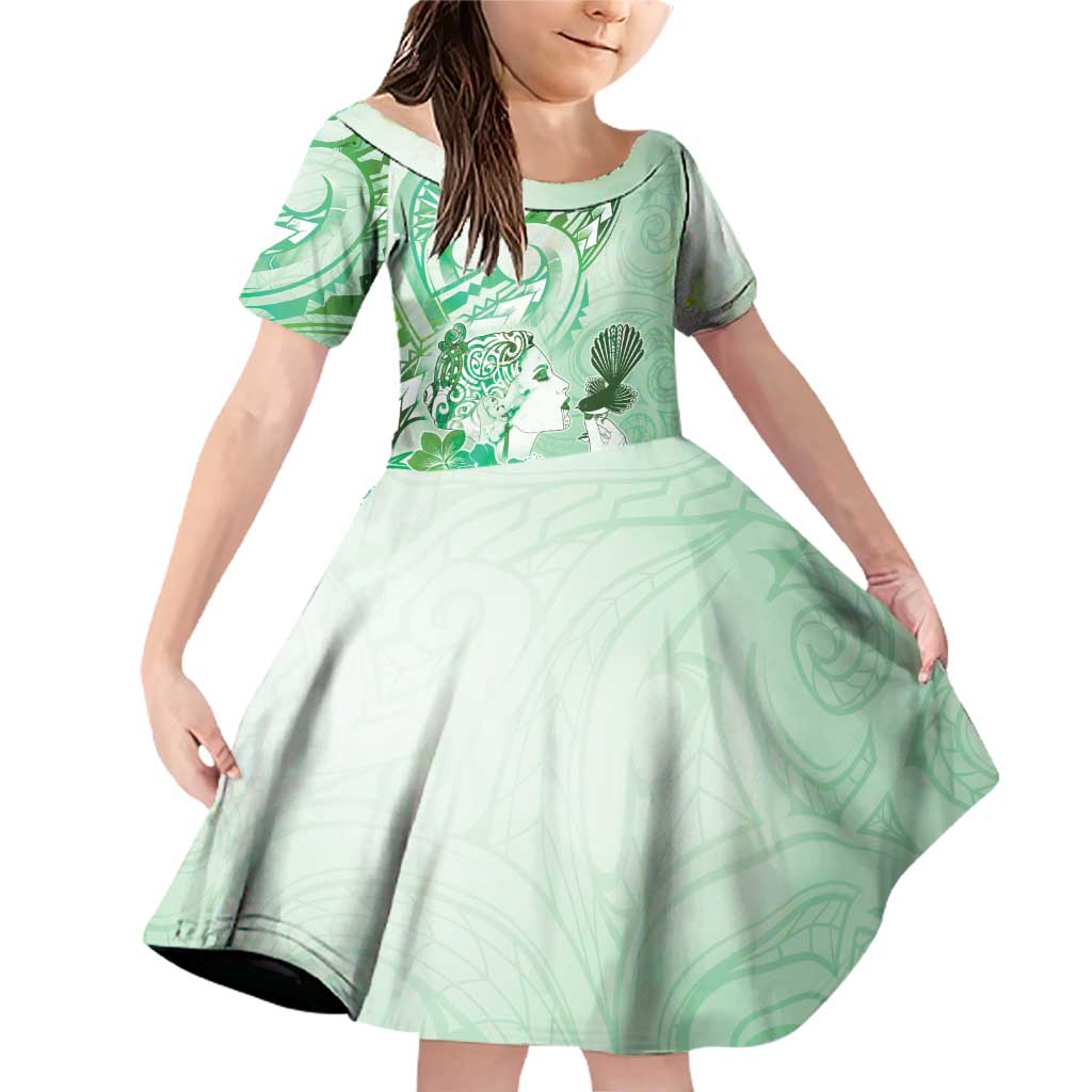 Aotearoa Maori Wahine Family Matching Off Shoulder Short Dress and Hawaiian Shirt Fantail Bird Green Gold Marble LT05 Daughter's Dress Green - Polynesian Pride