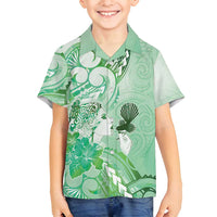 Aotearoa Maori Wahine Family Matching Puletasi and Hawaiian Shirt Fantail Bird Green Gold Marble LT05 Son's Shirt Green - Polynesian Pride