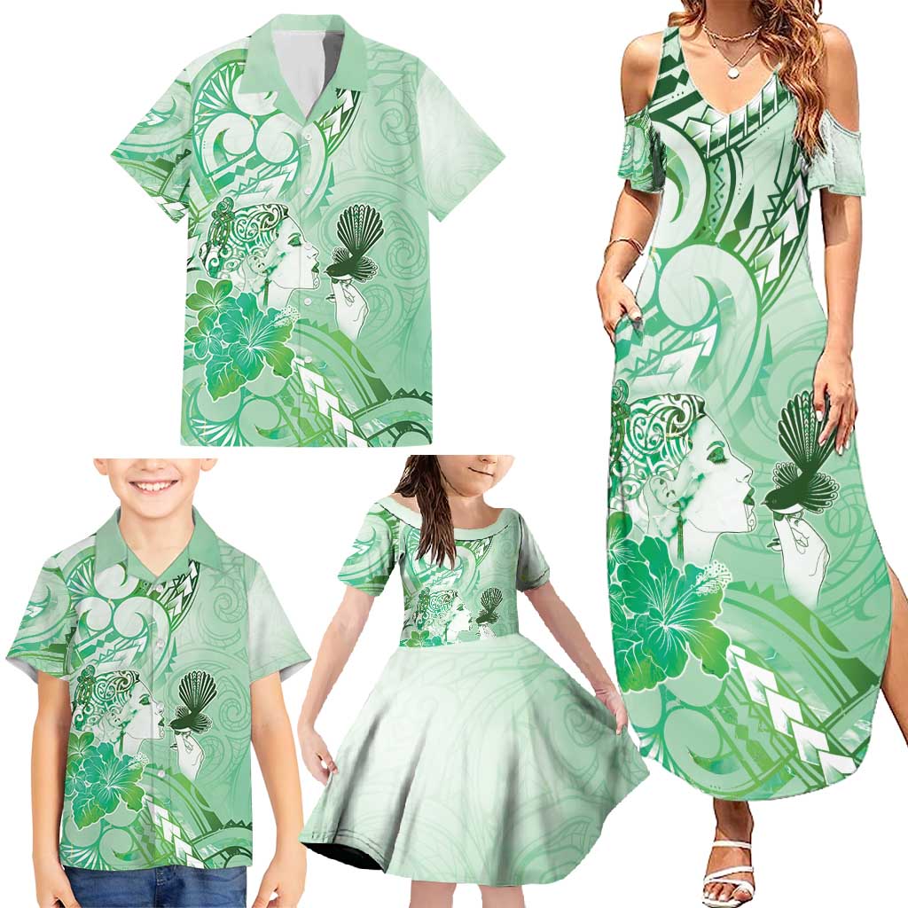 Aotearoa Maori Wahine Family Matching Summer Maxi Dress and Hawaiian Shirt Fantail Bird Green Gold Marble LT05 - Polynesian Pride