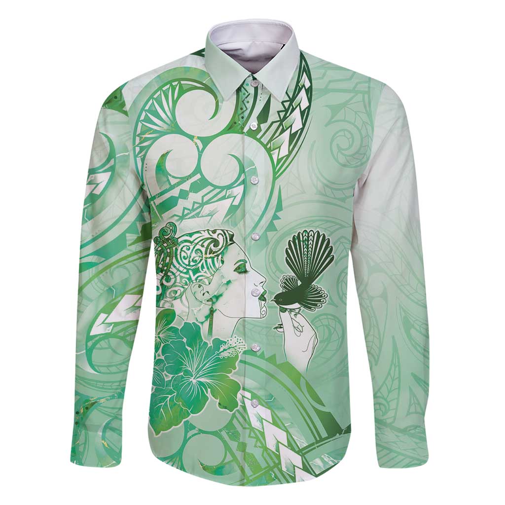 Aotearoa Maori Wahine Family Matching Summer Maxi Dress and Hawaiian Shirt Fantail Bird Green Gold Marble LT05 Dad's Shirt - Long Sleeve Green - Polynesian Pride