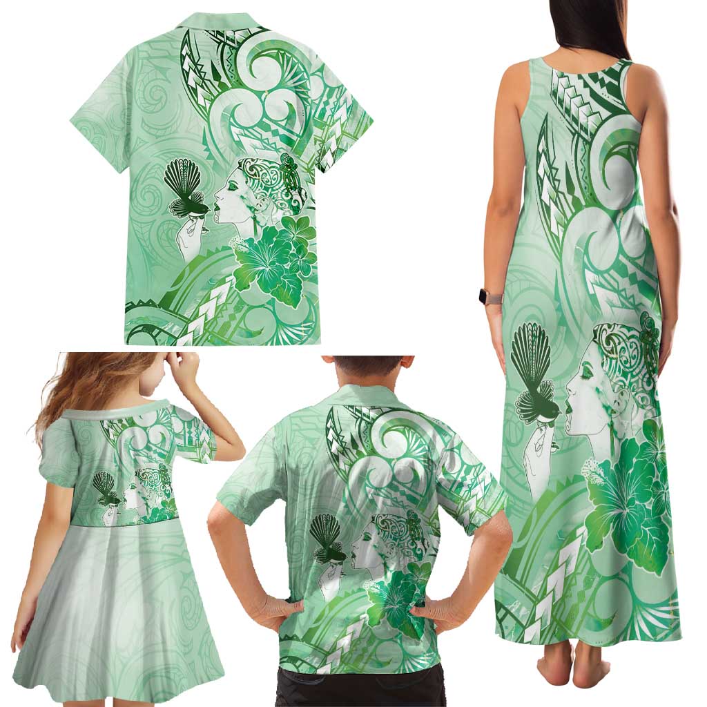 Aotearoa Maori Wahine Family Matching Tank Maxi Dress and Hawaiian Shirt Fantail Bird Green Gold Marble LT05 - Polynesian Pride
