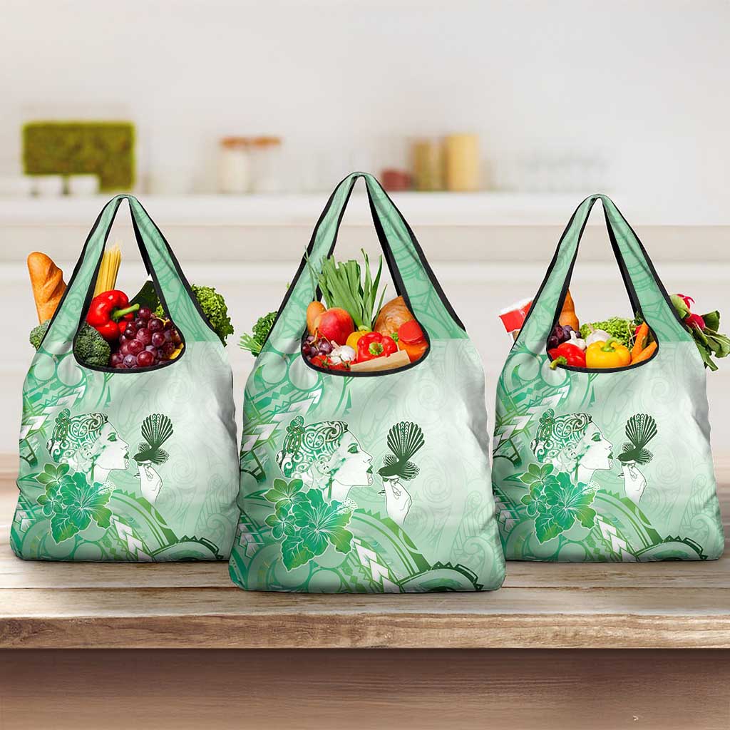 Aotearoa Maori Wahine Grocery Bag Fantail Bird Green Gold Marble