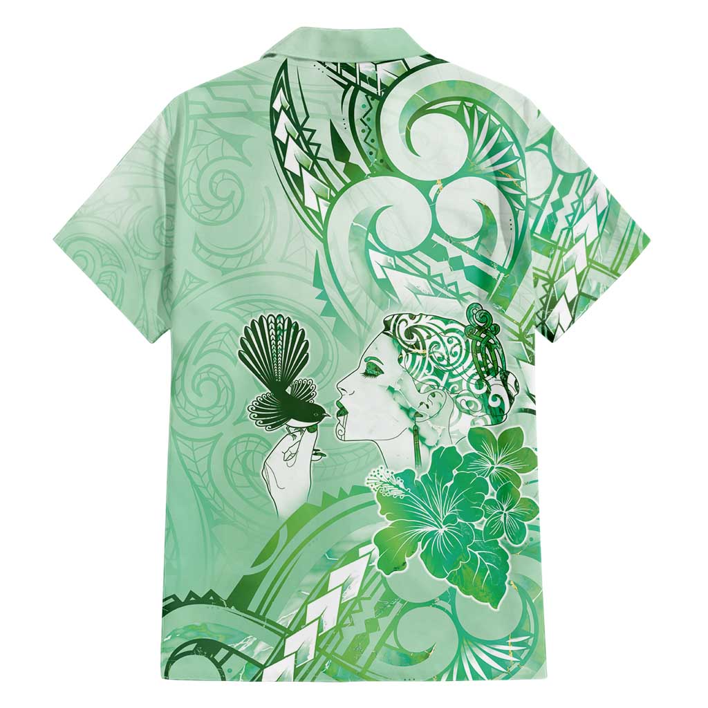 Aotearoa Maori Wahine Hawaiian Shirt Fantail Bird Green Gold Marble LT05 - Polynesian Pride