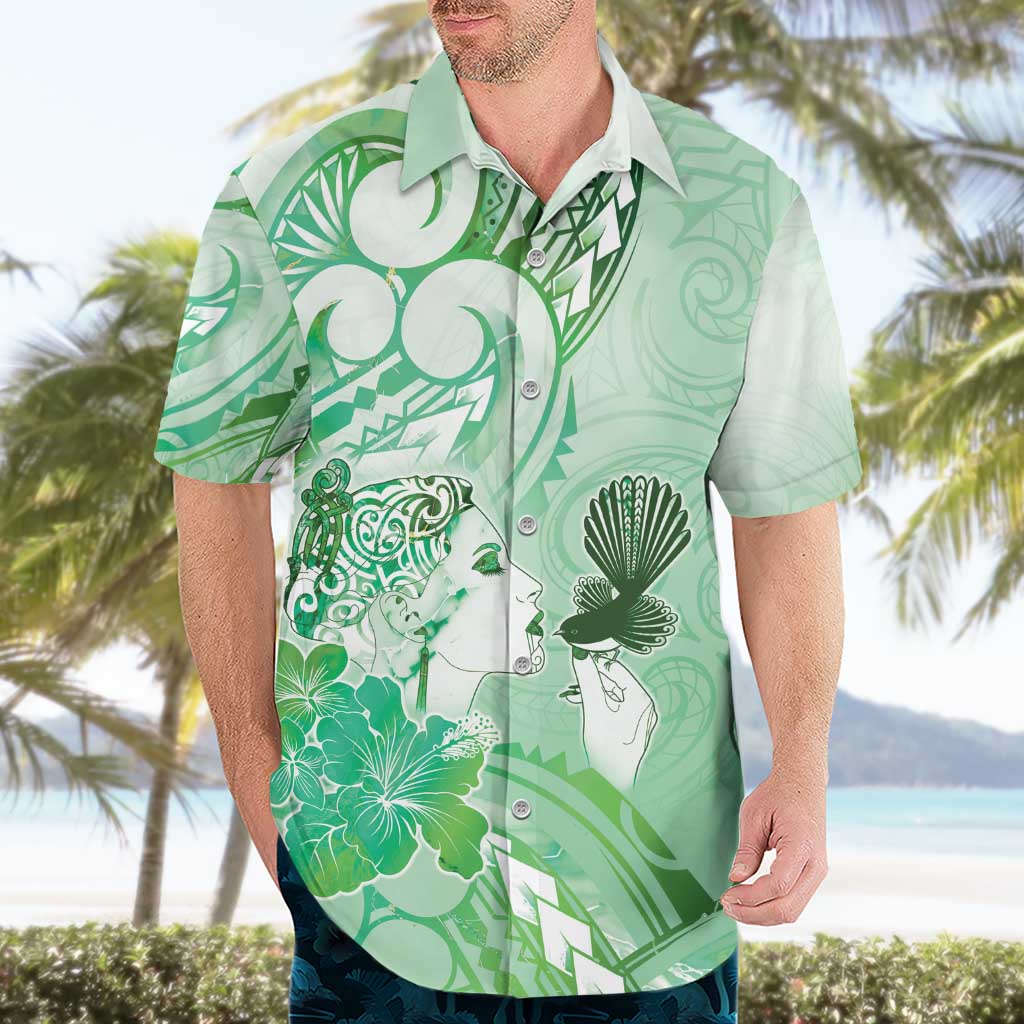 Aotearoa Maori Wahine Hawaiian Shirt Fantail Bird Green Gold Marble LT05 - Polynesian Pride