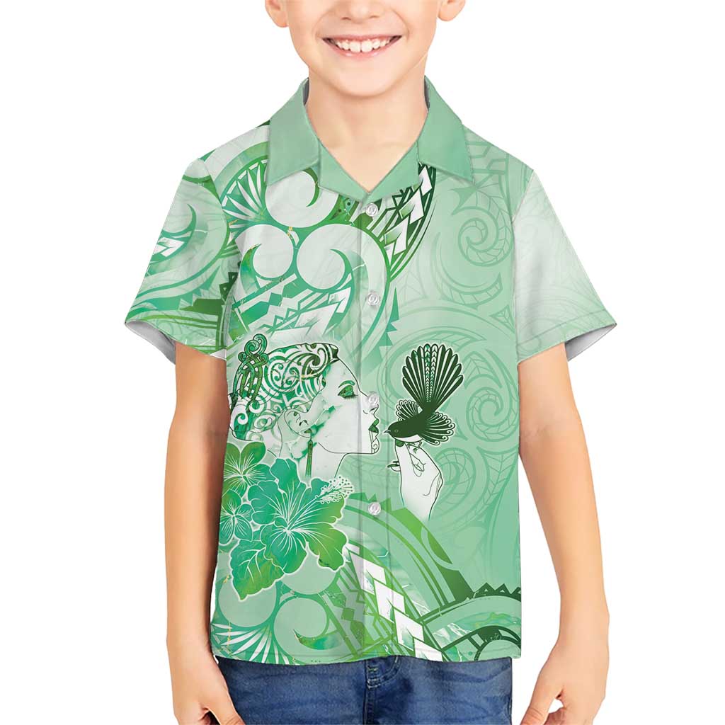 Aotearoa Maori Wahine Hawaiian Shirt Fantail Bird Green Gold Marble LT05 - Polynesian Pride