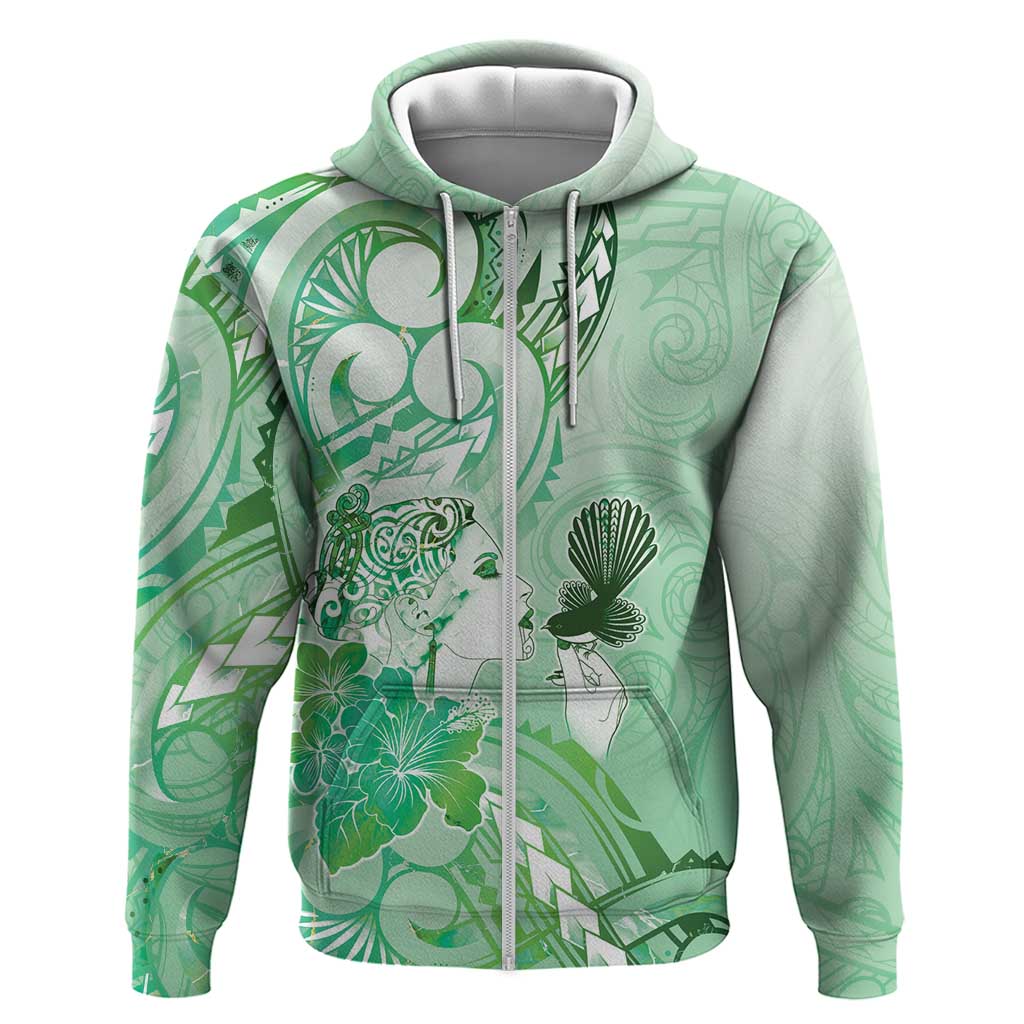 Aotearoa Maori Wahine Hoodie Fantail Bird Green Gold Marble LT05 Zip Hoodie Green - Polynesian Pride