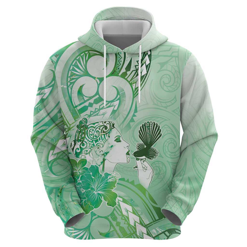 Aotearoa Maori Wahine Hoodie Fantail Bird Green Gold Marble LT05 - Polynesian Pride
