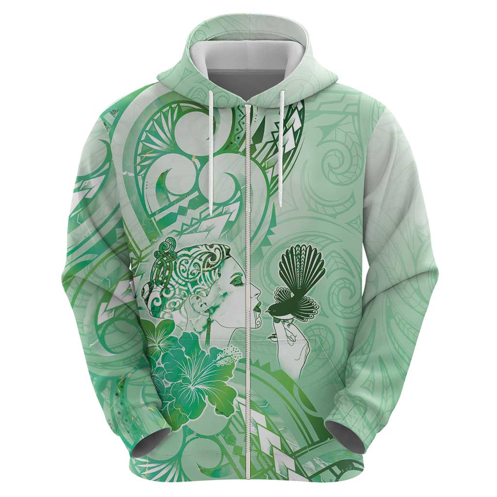 Aotearoa Maori Wahine Hoodie Fantail Bird Green Gold Marble LT05 - Polynesian Pride