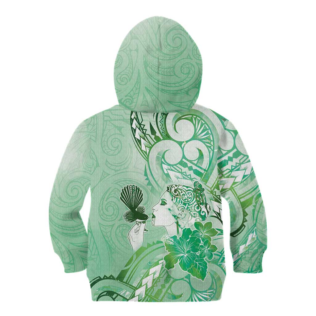 Aotearoa Maori Wahine Kid Hoodie Fantail Bird Green Gold Marble LT05 - Polynesian Pride