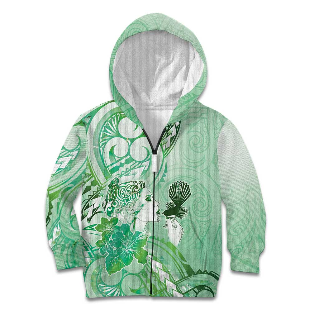 Aotearoa Maori Wahine Kid Hoodie Fantail Bird Green Gold Marble LT05 Zip Hoodie Green - Polynesian Pride