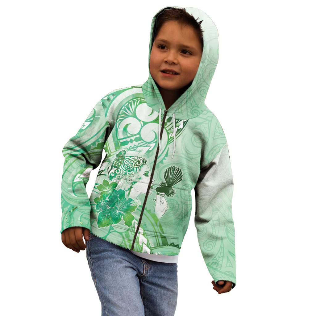 Aotearoa Maori Wahine Kid Hoodie Fantail Bird Green Gold Marble LT05 - Polynesian Pride