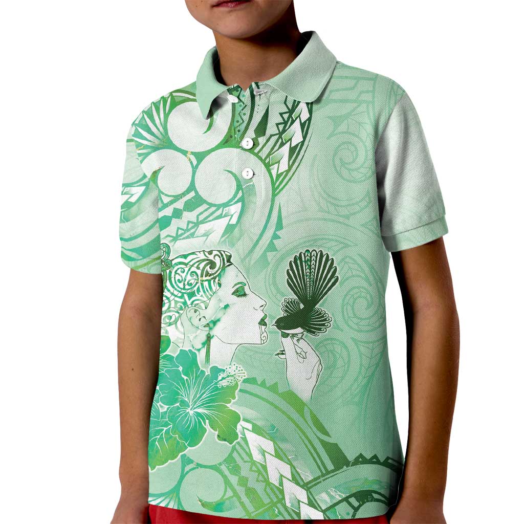 Aotearoa Maori Wahine Kid Polo Shirt Fantail Bird Green Gold Marble LT05 Kid Green - Polynesian Pride