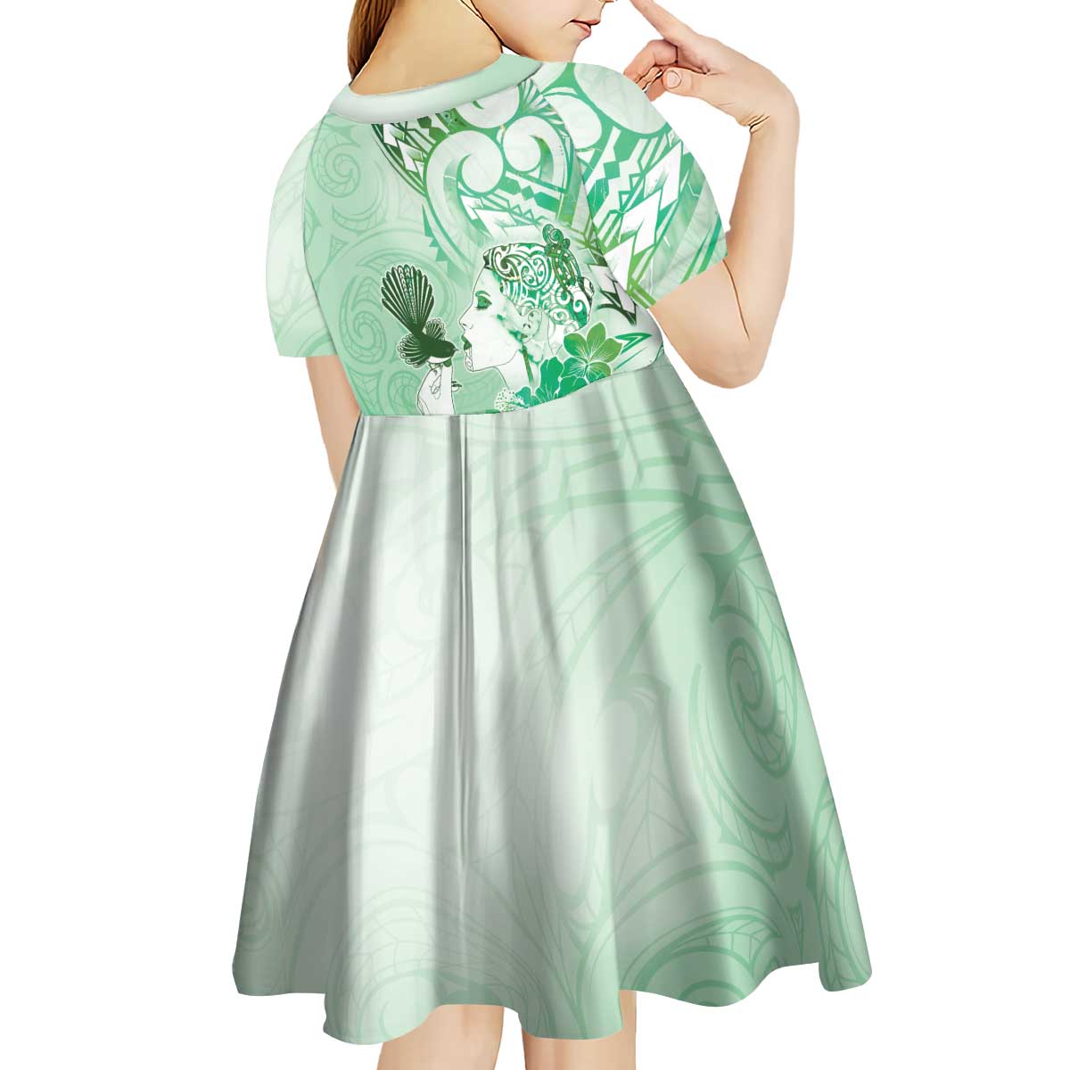 Aotearoa Maori Wahine Kid Short Sleeve Dress Fantail Bird Green Gold Marble LT05 - Polynesian Pride
