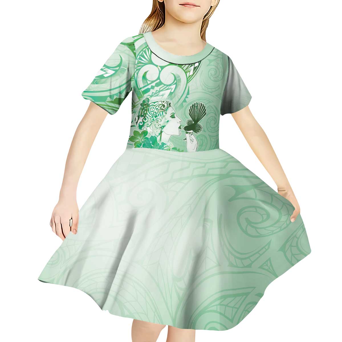 Aotearoa Maori Wahine Kid Short Sleeve Dress Fantail Bird Green Gold Marble LT05 - Polynesian Pride