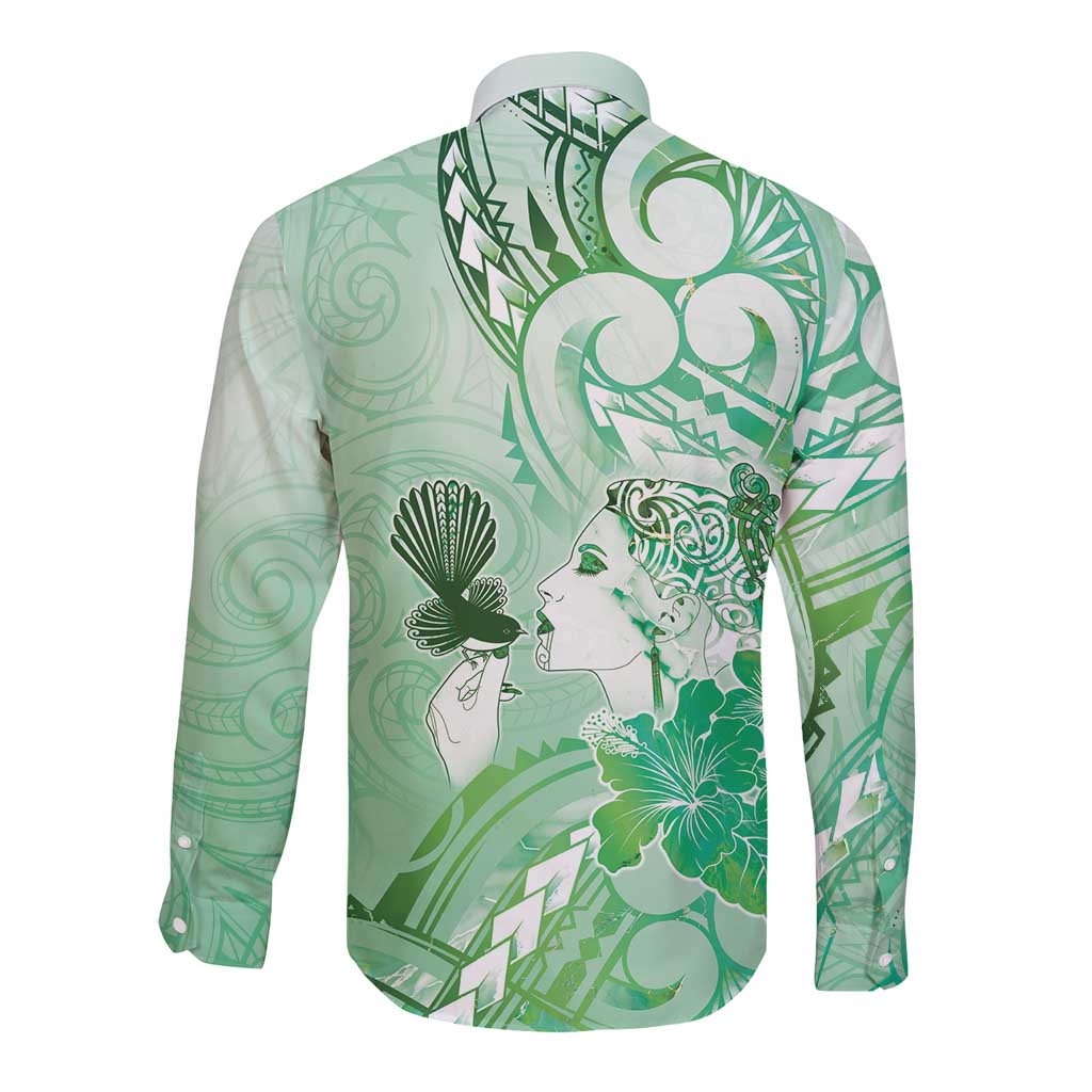 Aotearoa Maori Wahine Long Sleeve Button Shirt Fantail Bird Green Gold Marble