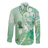 Aotearoa Maori Wahine Long Sleeve Button Shirt Fantail Bird Green Gold Marble