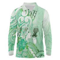 Aotearoa Maori Wahine Long Sleeve Polo Shirt Fantail Bird Green Gold Marble LT05 Green - Polynesian Pride