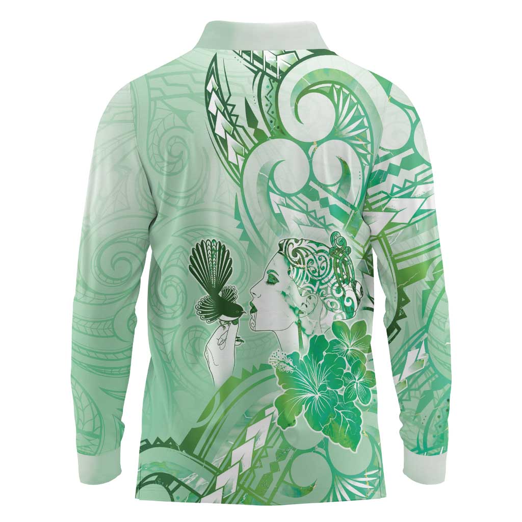 Aotearoa Maori Wahine Long Sleeve Polo Shirt Fantail Bird Green Gold Marble LT05 - Polynesian Pride