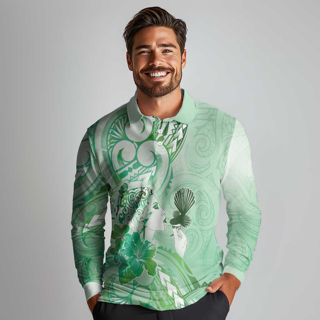 Aotearoa Maori Wahine Long Sleeve Polo Shirt Fantail Bird Green Gold Marble LT05 - Polynesian Pride