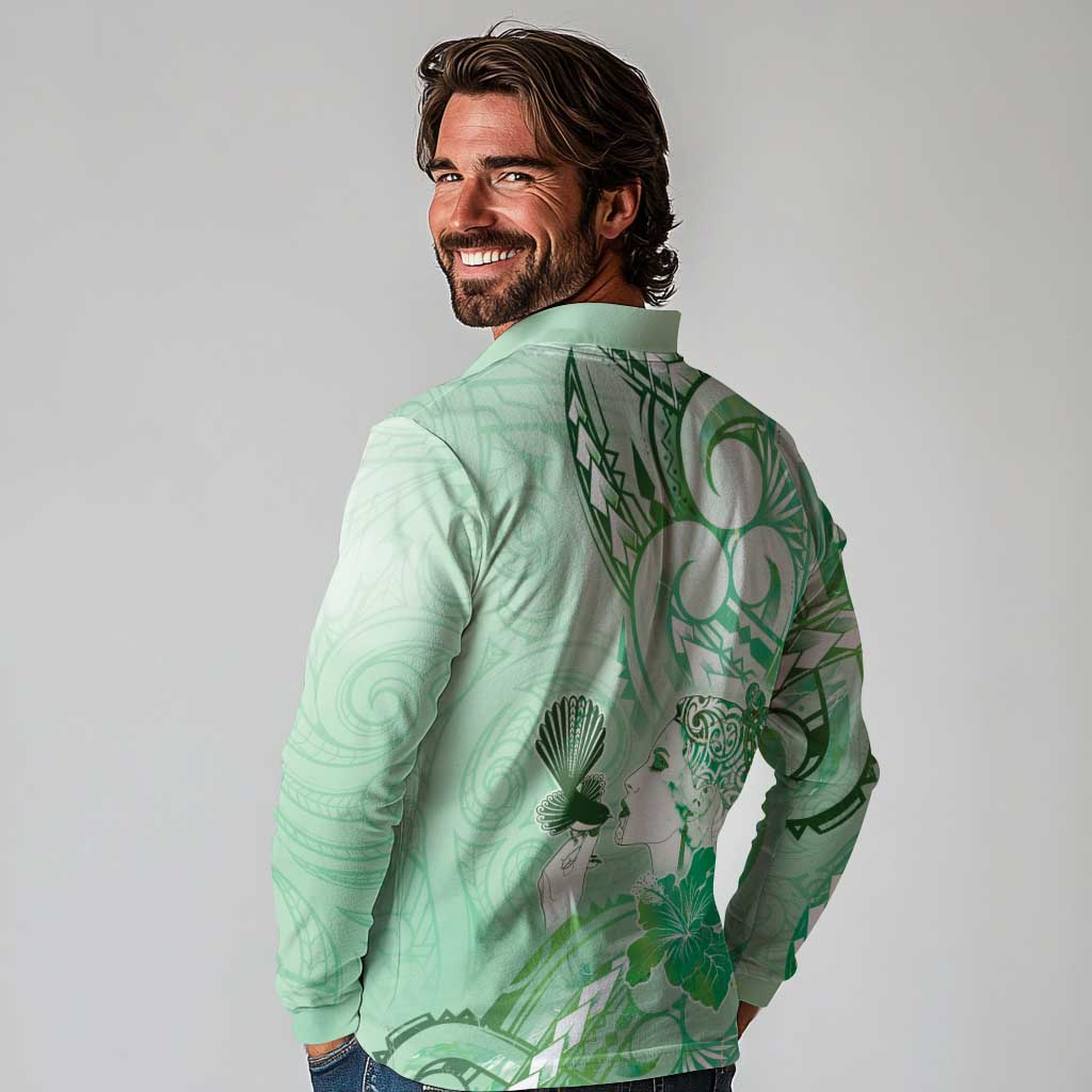 Aotearoa Maori Wahine Long Sleeve Polo Shirt Fantail Bird Green Gold Marble LT05 - Polynesian Pride
