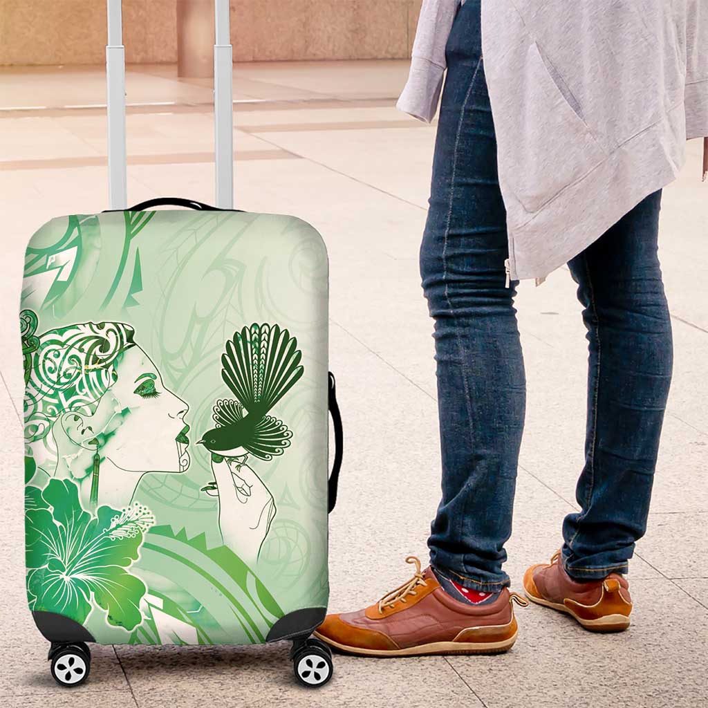 Aotearoa Maori Wahine Luggage Cover Fantail Bird Green Gold Marble LT05 Green - Polynesian Pride