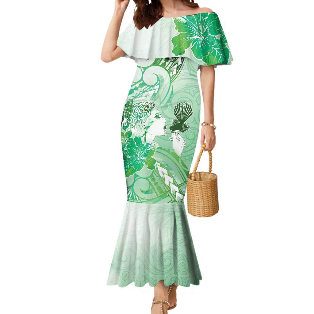 Aotearoa Maori Wahine Mermaid Dress Fantail Bird Green Gold Marble LT05 Women Green - Polynesian Pride