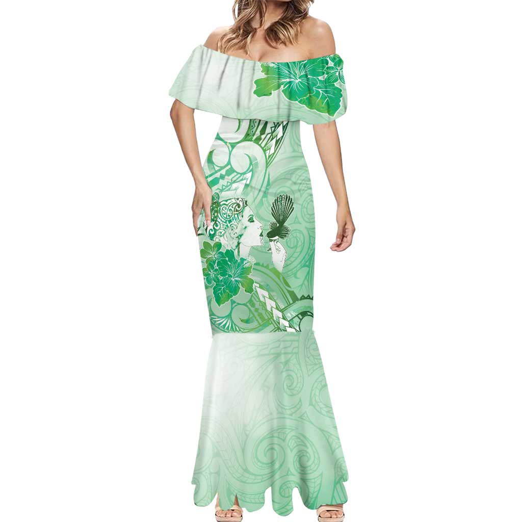 Aotearoa Maori Wahine Mermaid Dress Fantail Bird Green Gold Marble LT05 - Polynesian Pride