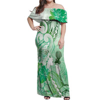 Aotearoa Maori Wahine Off Shoulder Maxi Dress Fantail Bird Green Gold Marble LT05 Women Green - Polynesian Pride