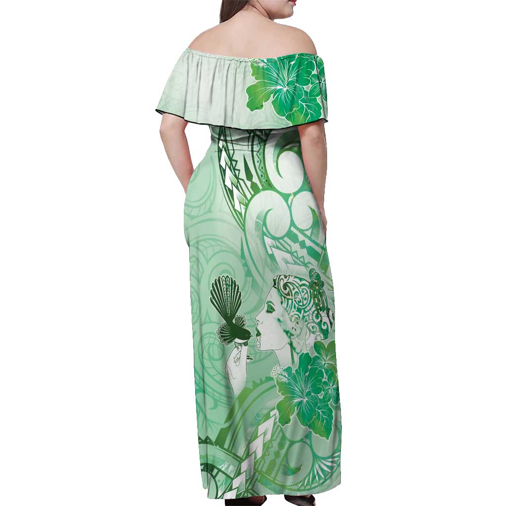 Aotearoa Maori Wahine Off Shoulder Maxi Dress Fantail Bird Green Gold Marble LT05 - Polynesian Pride
