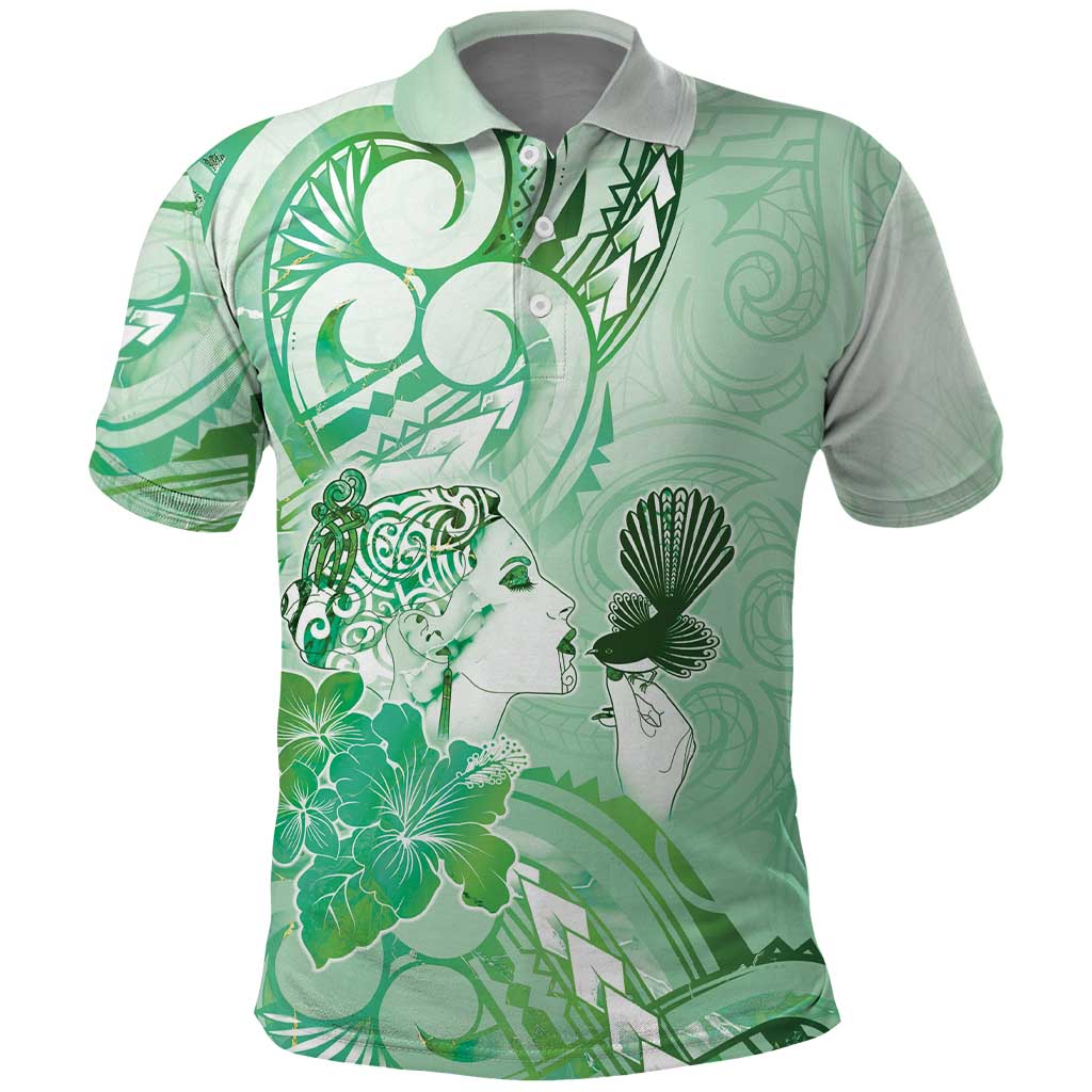 Aotearoa Maori Wahine Polo Shirt Fantail Bird Green Gold Marble LT05 Green - Polynesian Pride
