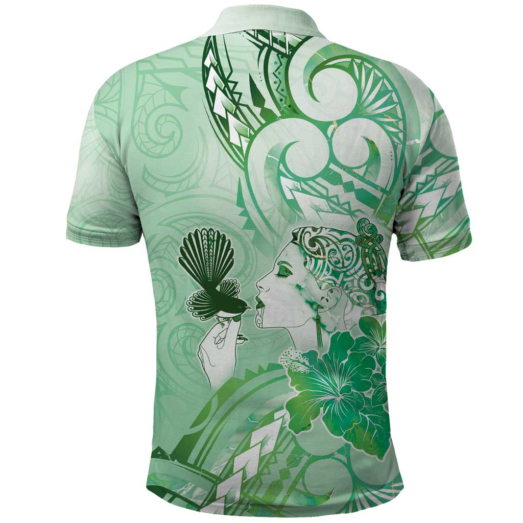 Aotearoa Maori Wahine Polo Shirt Fantail Bird Green Gold Marble LT05 - Polynesian Pride