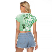 Aotearoa Maori Wahine Raglan Cropped T Shirt Fantail Bird Green Gold Marble LT05 - Polynesian Pride