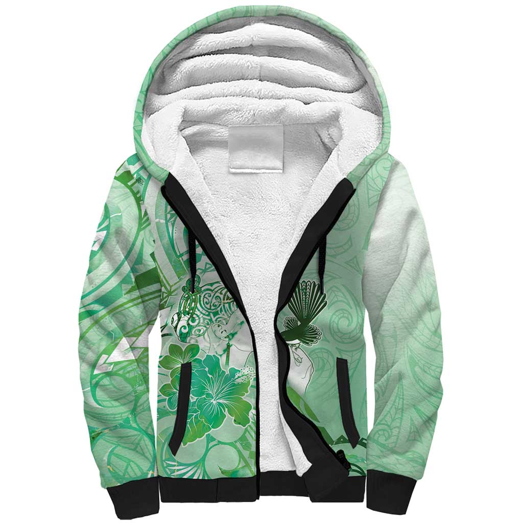 Aotearoa Maori Wahine Sherpa Hoodie Fantail Bird Green Gold Marble LT05 Unisex Green - Polynesian Pride